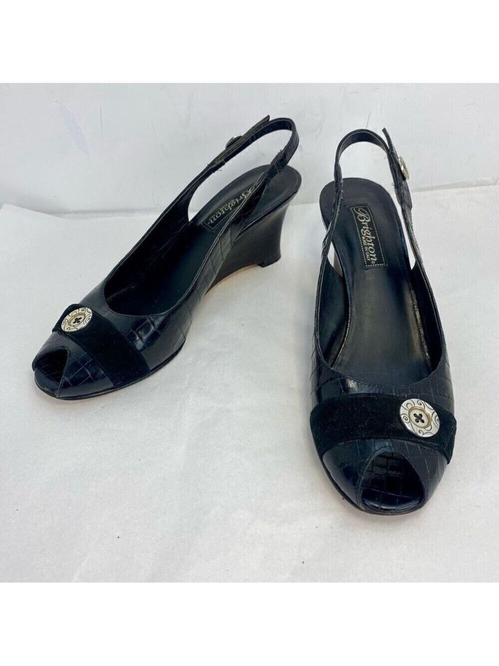 Vintage Brighton Nigel Heels Croc Embossed Black Leather Slingback Sandals